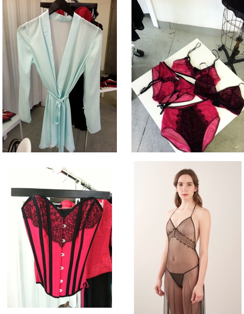 Top left: Emilie silk kimono Top Right: Natalie mesh bralette, garter belt, and panty Bottom Left: Faye overbust corset Bottom Right: Margot sheer gown